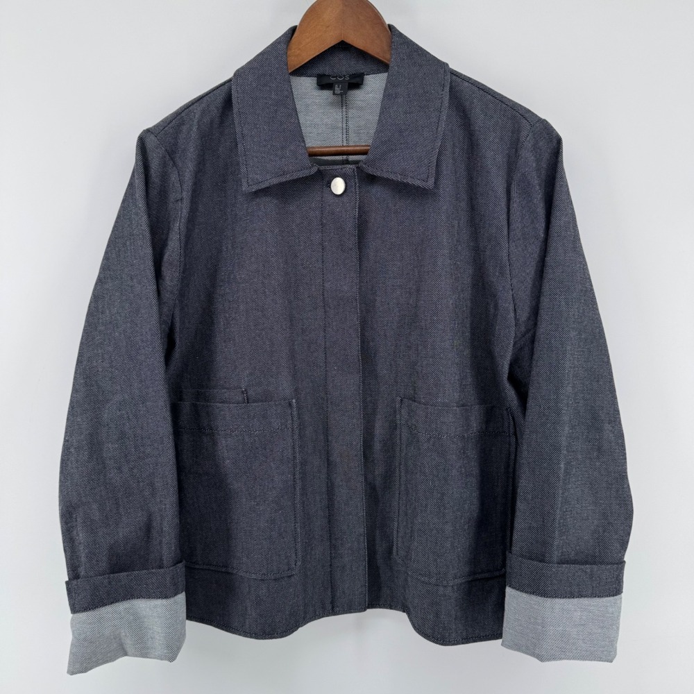 COS Denim Jacket Women 12 Blue Chore Coat Cotton Blend Boxy Workwear Minimalist